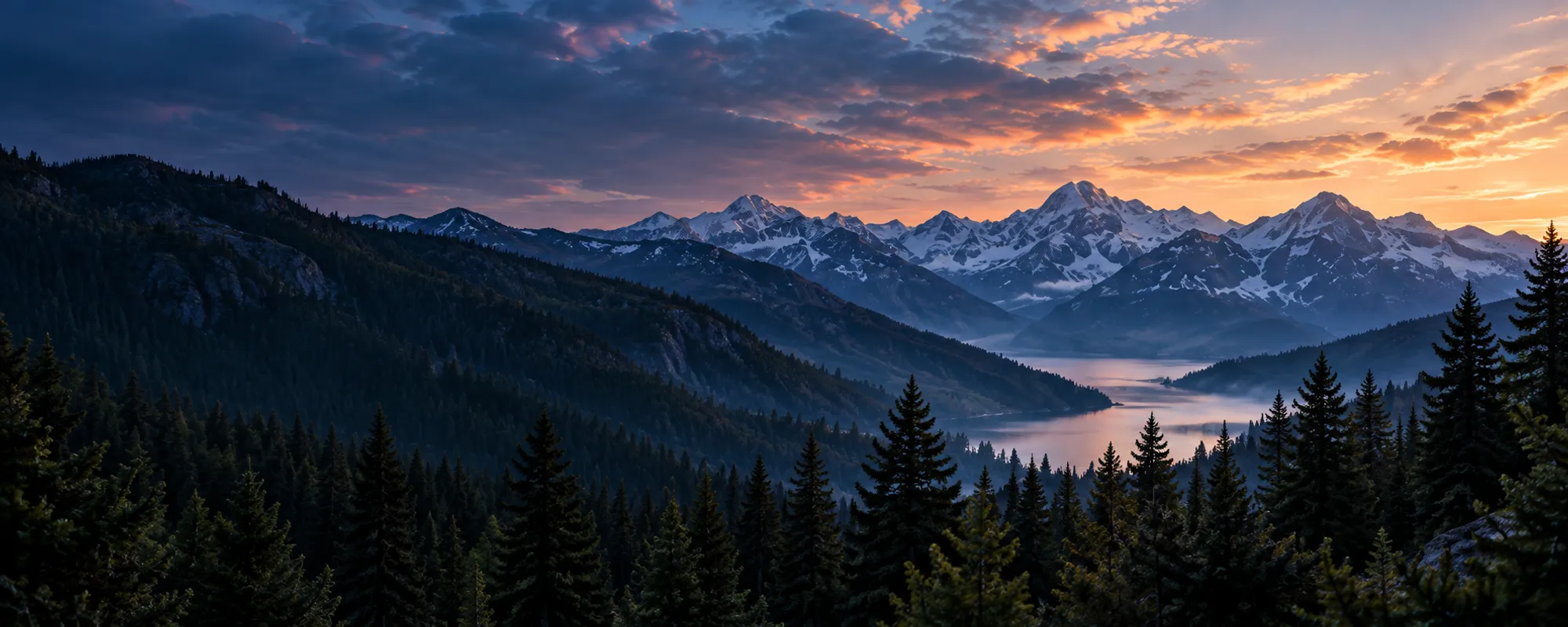 Alpine valley with evergreen forest and a lake at dusk
