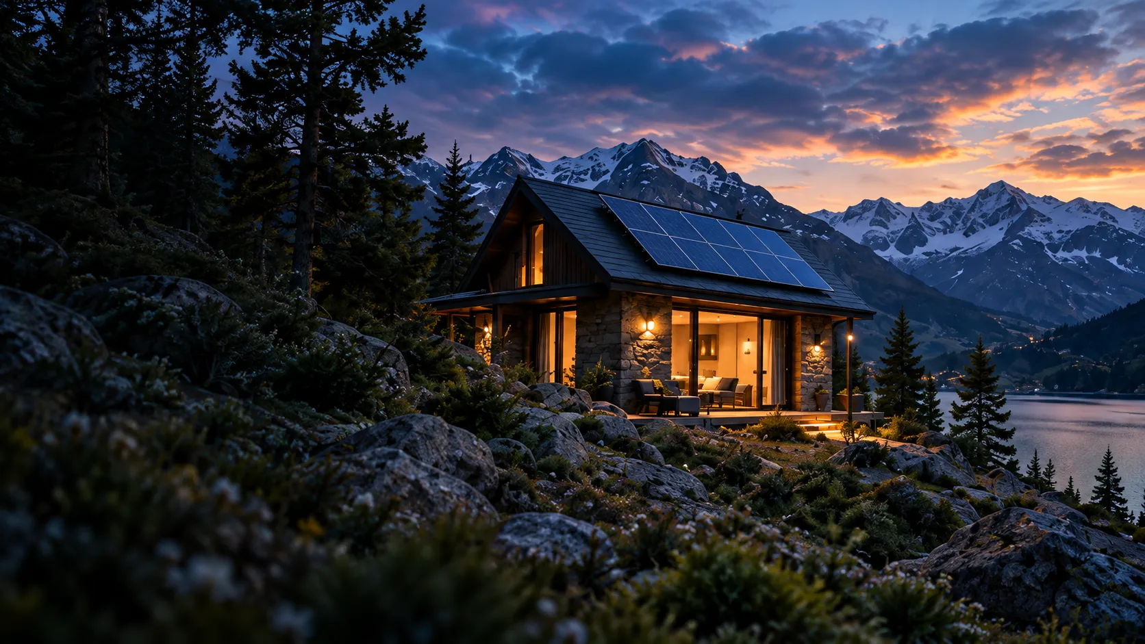Stone cabin with rooftop solar panels at dusk beside an alpine lake and snow-capped mountains